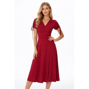 Marc Jacobs Silk Floral Midi Dress Womens 2 Red Black Puff Sleeve V-Neck